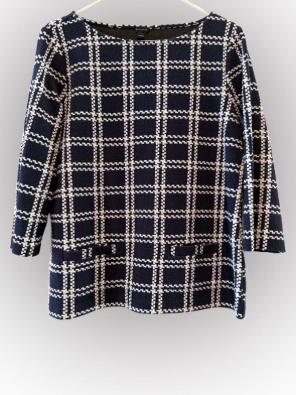 Ann Taylor Navy and White Windowpane Knit Top